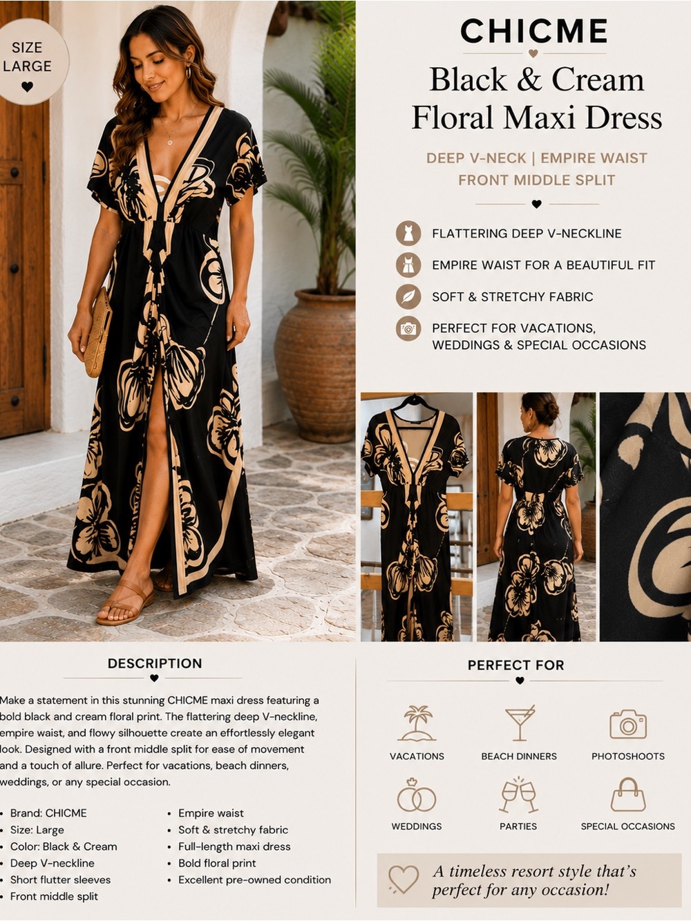 chic Black & Cream Floral Maxi Dress with Deep V-Neck